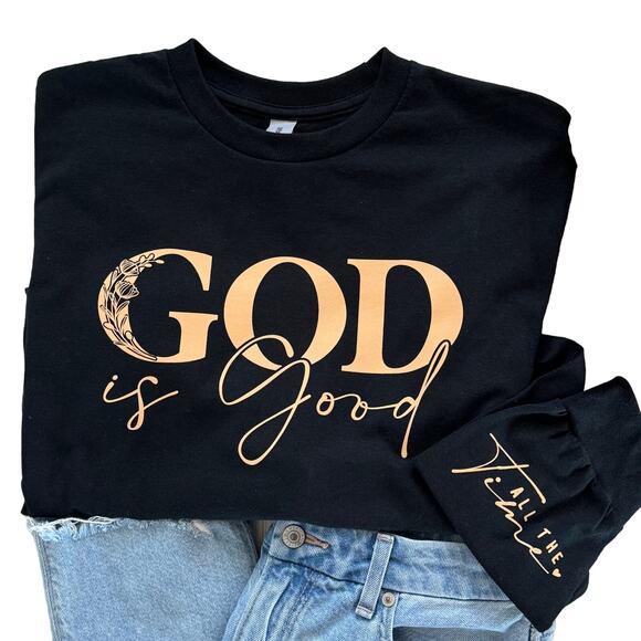 “God is Good” Black Medium Women's T-Shirt Long Sleeve - Picture 1 of 6